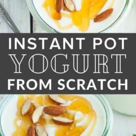 a glass dish of Instant Pot yogurt topped with almonds and honey