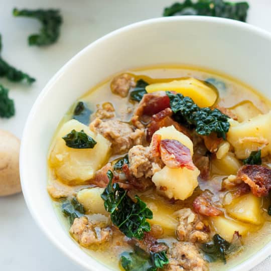 a bowl of dairy-free instant pot zuppa toscana with kale