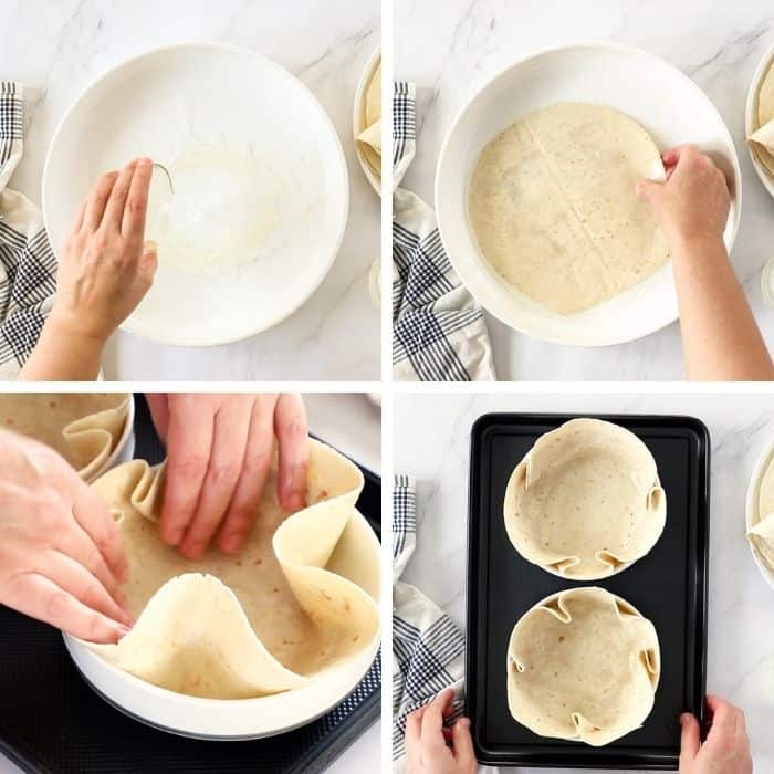 4 photos showing how to make Crunchy Taco Bowls