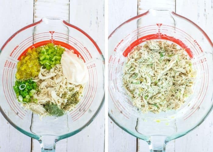 2 photos showing ingredients in a bowl for making chicken salad with dill