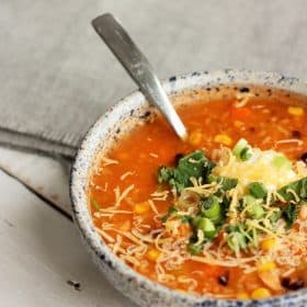 instant pot tortilla soup on a grey board | sustainablecooks.com