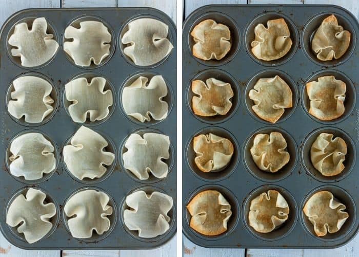 2 photos showing how to bake wonton cups