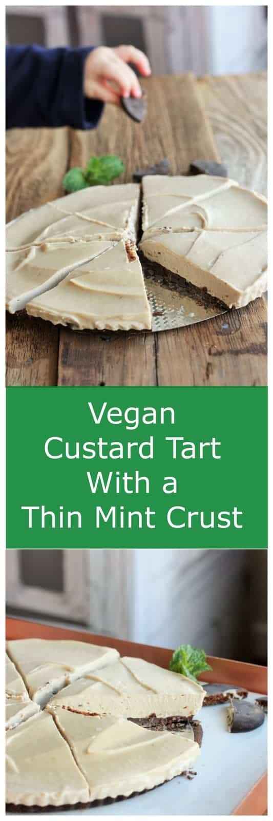 Vegan Custard Tart With a Thin Mint Crust is the dairy-free dessert you have been waiting for. Chocolate and Thin Mint cookies paired with the smoothest vanilla vegan custard you've ever had.