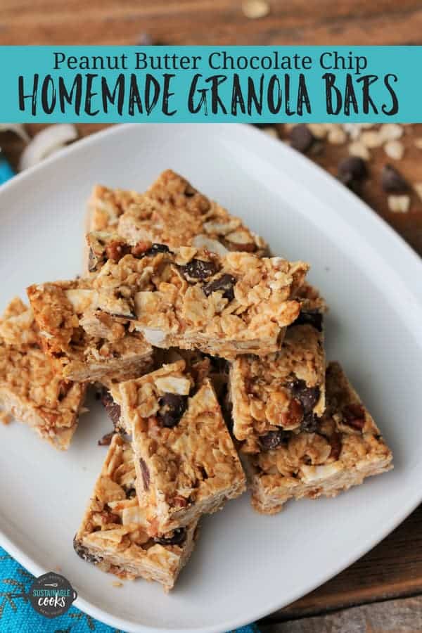 Easy and Healthy Peanut Butter Chocolate Chip Homemade Granola Bars are so much better than store-bought! Perfect for both adults and kids, these protein-packed snacks are so delicious. #sustainablecooks #backtoschool #granolabars #peanutbutter #kidsnacks #healthysnacks #backtoschoolsnacks