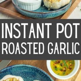 Instant Pot roasted garlic on a blue plate with a dish of salt