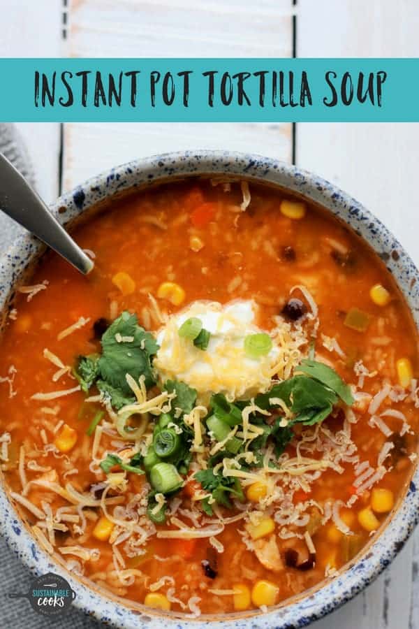 Healthy, easy, and delicious 10 Minute Instant Pot Tortilla Soup With Rice recipe is the tastiest comfort food in under 30 minutes. Instant Pot, slow cooker, and stovetop instructions included. #sustainablecooks #tortillasoup #instantpot #slowcooker #crockpot #easydinner #weeknightdinner