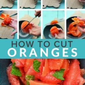 8 photos showing how to segment an orange
