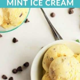 a bowl of mint chip ice cream with chocolate chips on a white surface