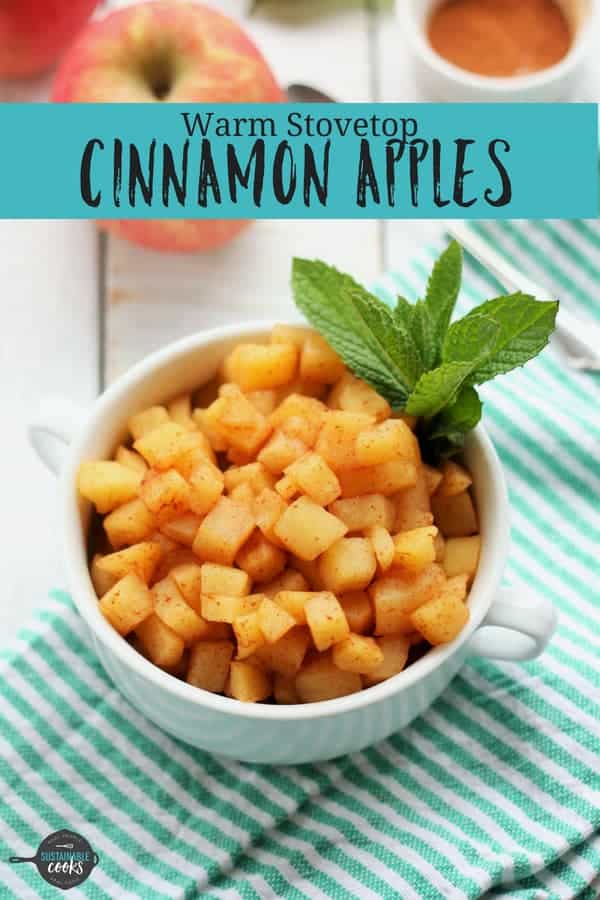 Simple and sweet, Warm Stovetop Cinnamon Apples are the perfect easy healthy comfort food. A bowl of cozy cinnamon apples are sugar-free, dairy-free, gluten-free, vegan, paleo, and Whole30 compliant. #sustainablecooks #apples #cinnamonapples #paleo #whole30