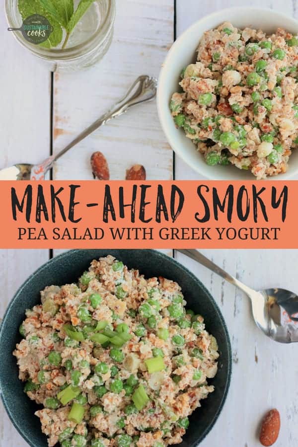 Easy and tasty, this make-ahead Smoky Pea Salad With Greek Yogurt is the best healthy cold side dish you'll ever make! Smoked almonds give this recipe a fun crunchy kick. This salad is also Whole30 compliant, Paleo, and gluten-free. #sustainablecooks #peasalad #coldpeasalad #whole30 #vegetarian #greekyogurt #potluck #healthysidedish
