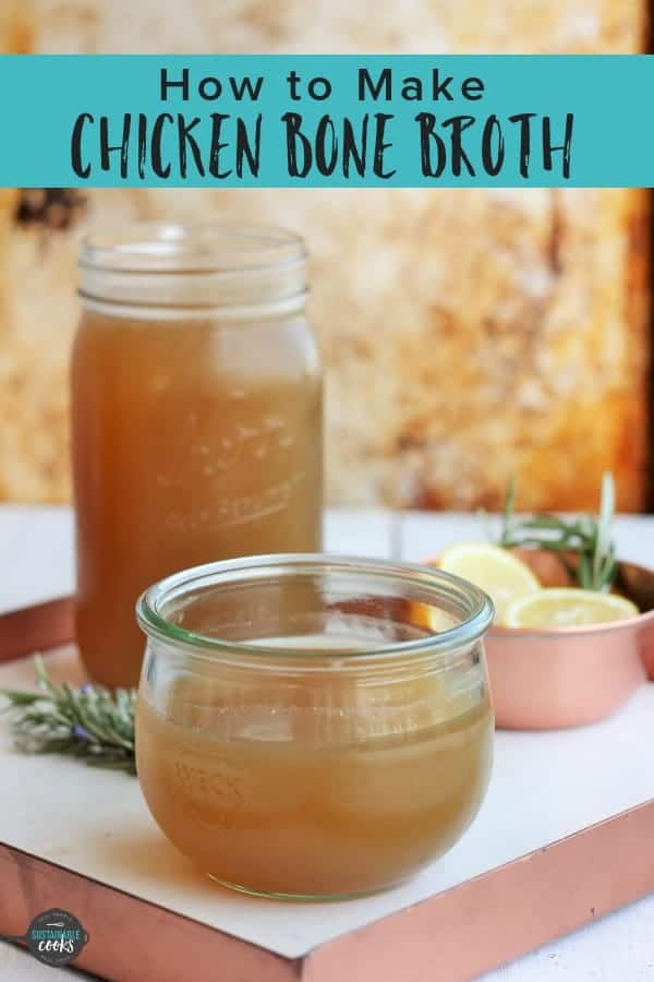 This easy to follow tutorial teaches you how to make chicken bone broth three different ways. Homemade stock from bones can be made in a crockpot, Instant Pot, or on the stovetop, and has so many wonderful uses for meals and soup.#sustainablecooks #bonebroth #chickenstock #instantpot #slowcooker #soup