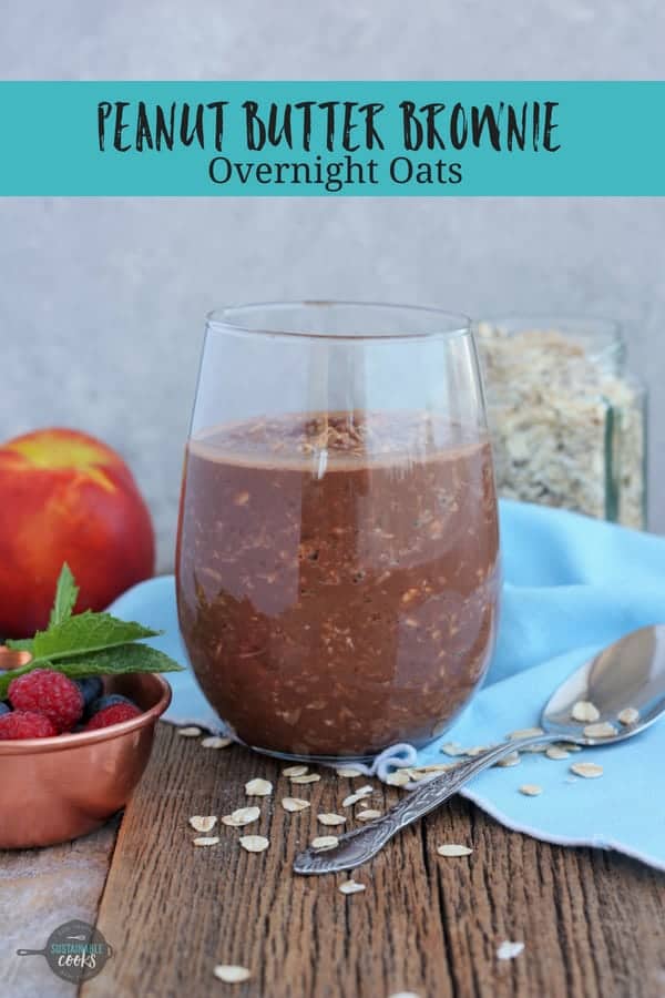 This healthy and easy breakfast in a jar is about to be your new favorite simple make-ahead meal. Peanut Butter Brownie Overnight Oats are made without yogurt (vegan by default), and are rich with chocolate flavor thanks to cocoa/cacao powder. #sustainablecooks #overnightoats #vegan #makeahead #easybreakfast #dairyfree