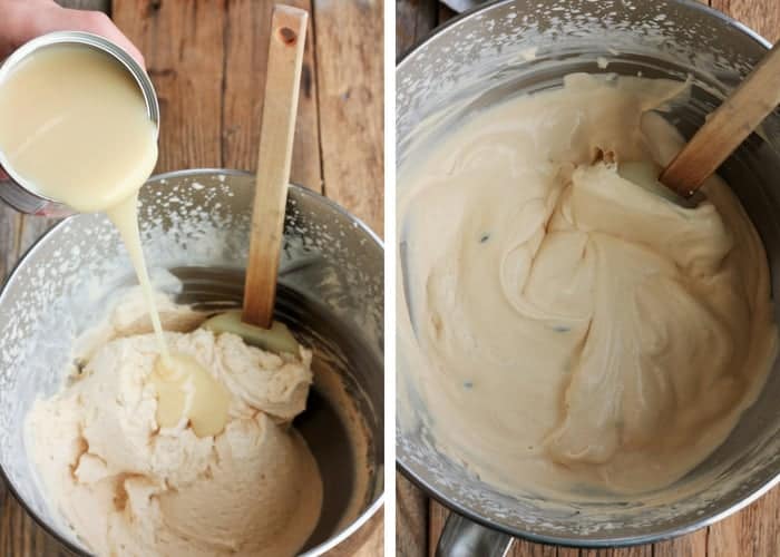 Two shots for making homemade no churn peanut butter ice cream