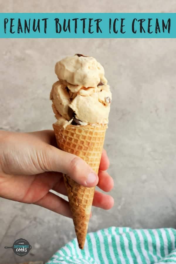 Homemade no churn Peanut Butter Ice Cream is an easy and creamy recipe that you'll want to make over and over. Four ingredients and just five minutes to a splurge-worthy dessert. #sustainablecooks #peanutbuttericecream #nochurn #nochurnicecream #peanutbutter #homemadeicecream
