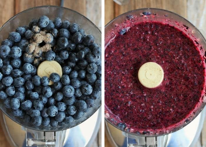 blueberries in a food processor for homemade blueberry ice cream
