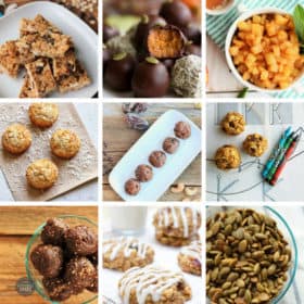 a collage of photos of healthy school snacks