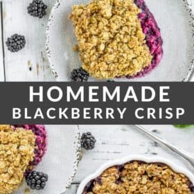 a plate and dish of blackberry crisp with an oatmeal topping