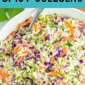 a white bowl full of healthy coleslaw with a spoon