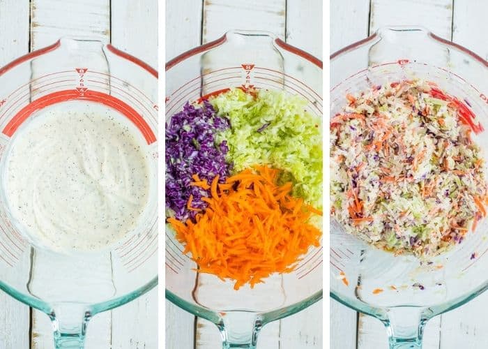 3 photos showing shredded cabbage and other ingredients in a bowl