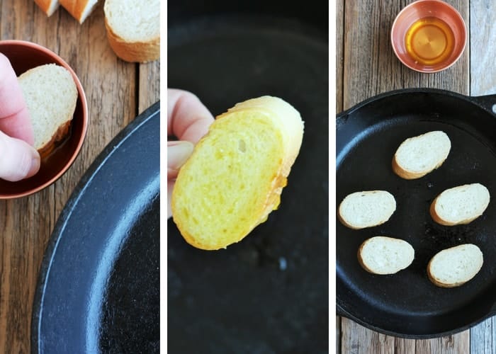 three process steps for making toasted crostini for tomato bruschetta