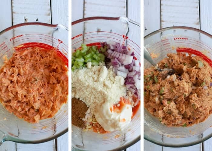 3 photos showing the steps for making paleo salmon cakes