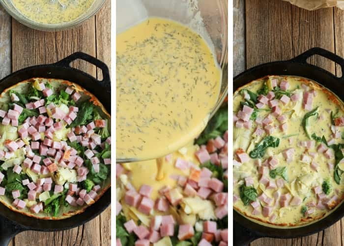 three photos showing how to make a whole30 quiche
