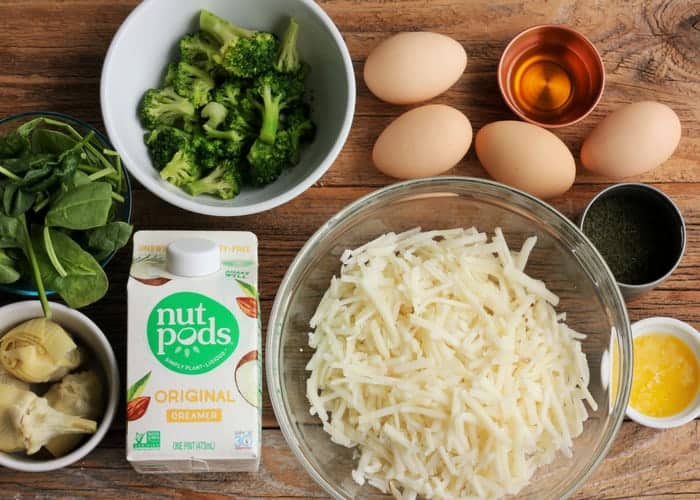 frozen hash browns, eggs, and other ingredients for making a dairy-free quiche