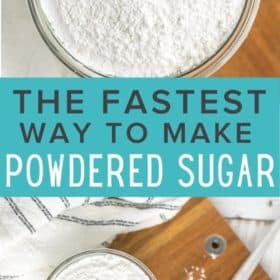 a glass bowl of powdered sugar on a cutting board