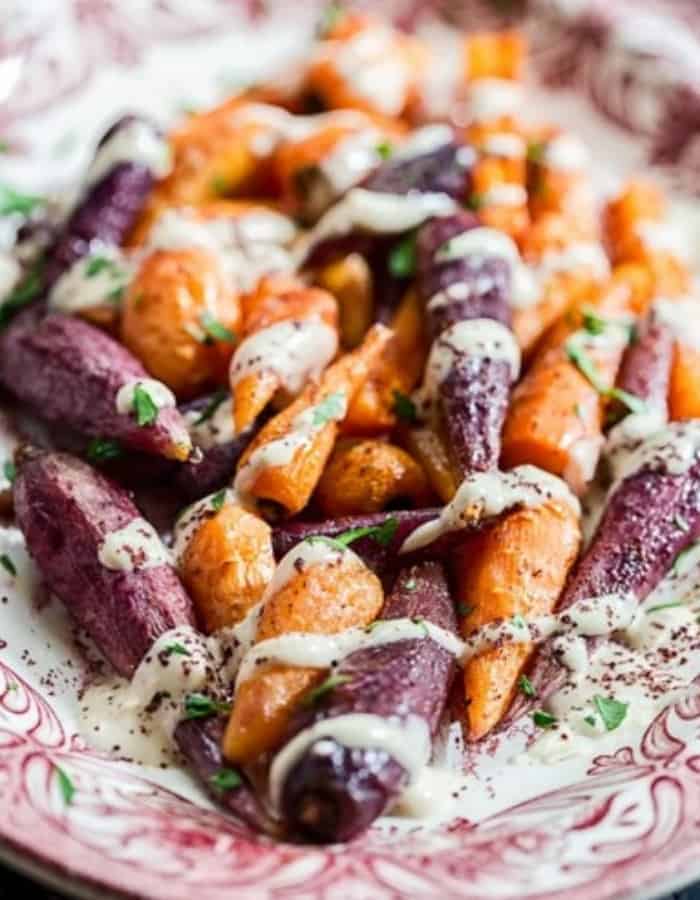 The Ultimate Guide to Roasting Frozen Vegetables is the best resource for helping you make tasty and healthy side dishes! Oven roasting frozen vegetables is delicious and will save you so much time and money. roasted carrots with tahini dressing on a plate
