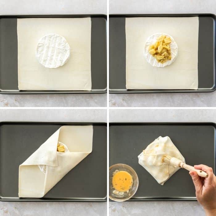 4 photos showing how to wrap brie in puff pastry