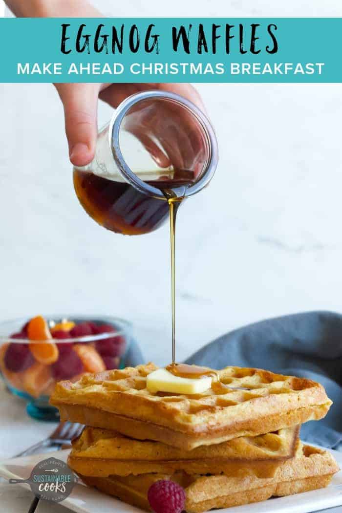 With crispy edges and soft fluffy insides, Eggnog Waffles are a perfect make-ahead Christmas breakfast. Enjoy this delicious holiday breakfast while spending more time with your family. #eggnogrecipes #christmasmorning #waffles #holidaybreakfast