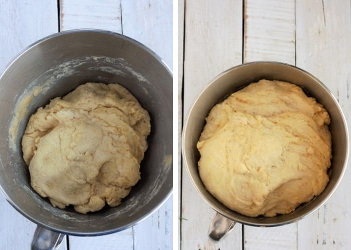 Two photos of dough in a mixing bowl for overnight cinnamon rolls
