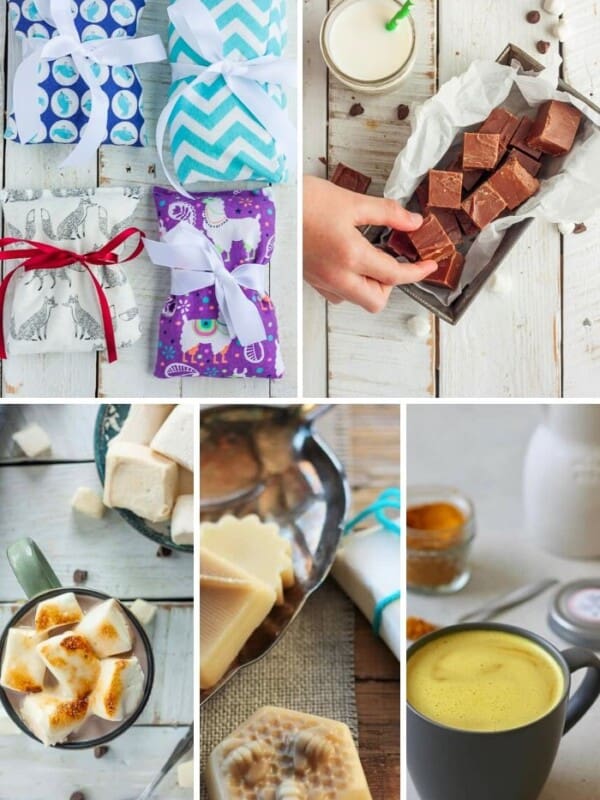 5 photos of homemade gifts- rice bags, fudge, marshmallows, lotion bars, and tumeric latte mix