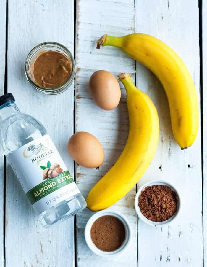 bananas, eggs, and other ingredients for banana chocolate chip pancakes 