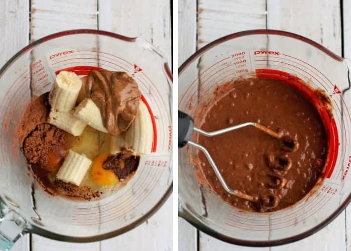 two photos showing how to make banana chocolate chip banana pancakes