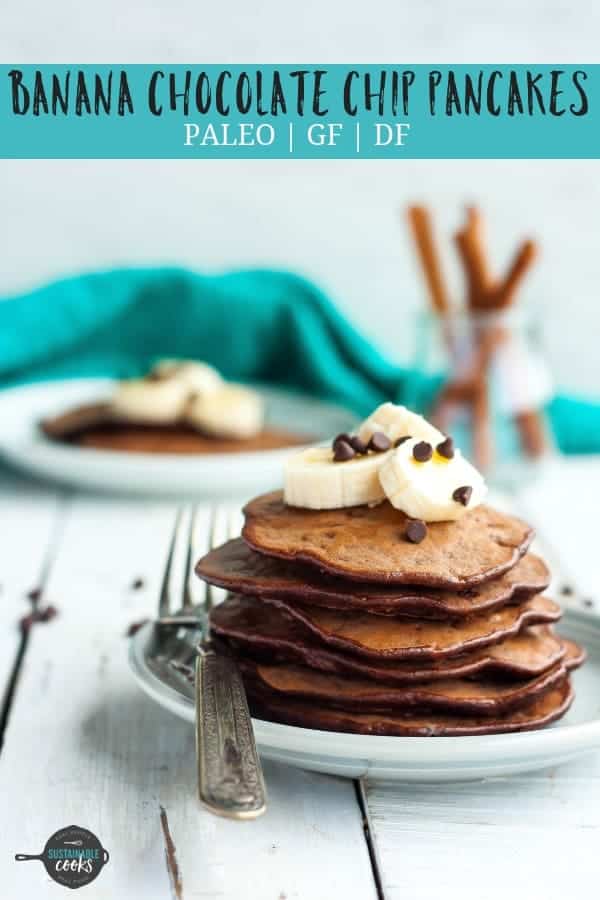 Whip up a batch of delicious Gluten-Free Banana Chocolate Chip Pancakes for an easy and healthy breakfast. Gluten-free, dairy-free, paleo, and freezer-friendly, these pancakes are so tasty! #bananapancakes #glutenfreepancakes #chocolatechippancakes