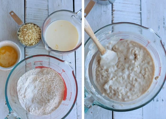 two photos showing how to make the batter for cinnamon pancakes