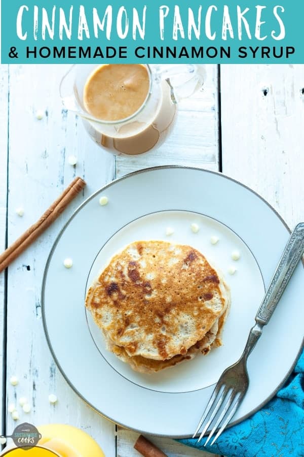This easy, delicious recipe for Cinnamon Pancakes is made entirely from scratch. Drizzled with homemade cinnamon syrup, you'll flip for how good this Snooze Eatery copycat recipe is. #cinnamonpancakes #pancakes #wholewheat