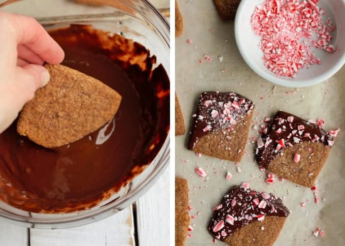 dipping a homemade graham cracker into melted chocolate for a peppermint bark graham cracker recipe