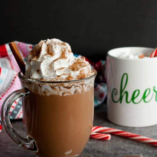 Two mugs of slow cooker hot chocolate with candy canes and cinnamon sticks