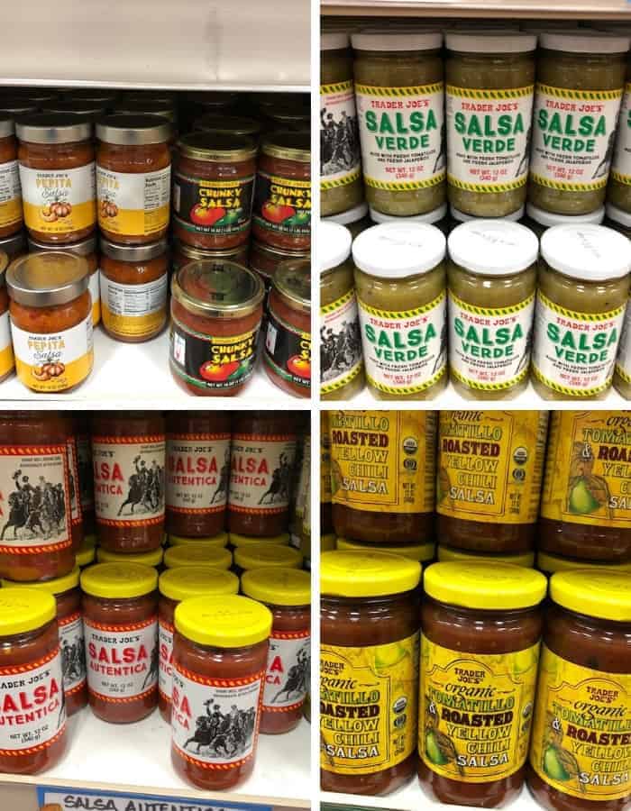 4 photos of whole30 compliant salsas at trader joes