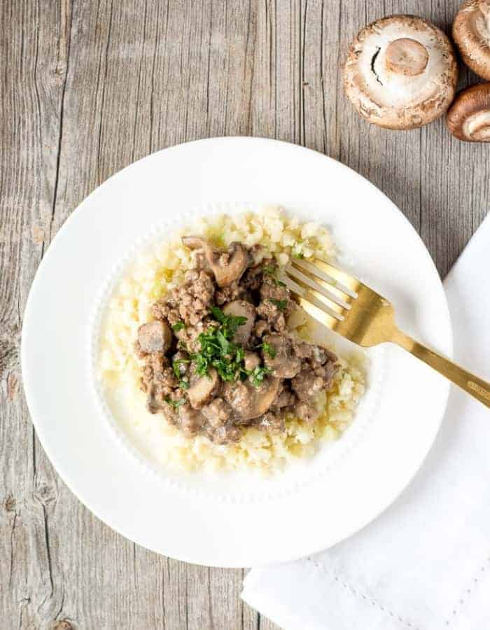 paleo beef stroganoff on a white plate for whole30 dinners