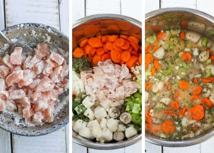3 photos showing ingredients for making dairy-free chicken and gnocchi soup