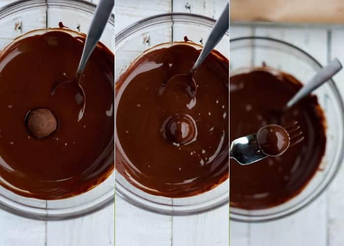 three photos showing the process of dipping truffles for making dark chocolate truffles