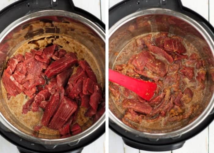 sliced beef being added to an Instant Pot for paleo beef and broccoli