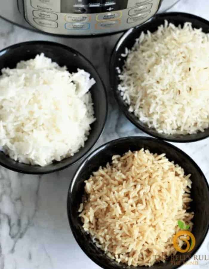21 healthy and delicious Easy Instant Pot Recipes For Beginners to help you learn to make amazing quick and simple meals. Tasty dinner, soup, breakfast, and other recipes to get you started on the road to Instant Pot expert. #sustainablecooks #instantpotbeginner #easyinstantpot three bowls of rice with an instant pot