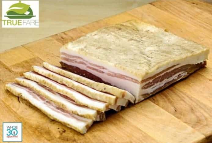 True Fare bacon whole30 bacon on a wooden board