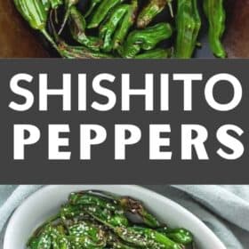 blistered shishito peppers in a wok