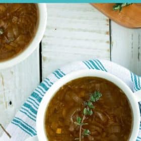 two bowls of instant pot french onion soup