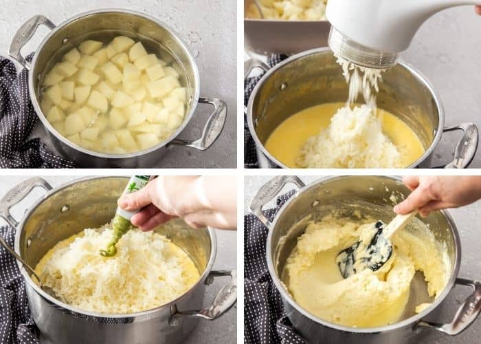 4 photos showing the process of making wasabi mashed potatoes with a ricer
